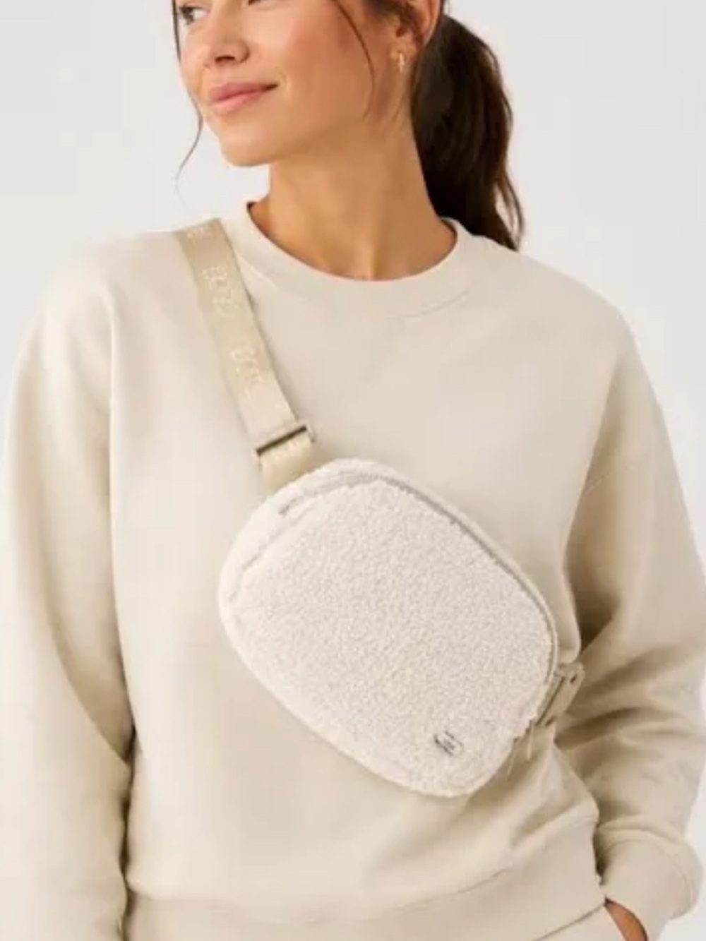 Lole Cream Sherpa Crossbody Belt Bag with Beige Strap